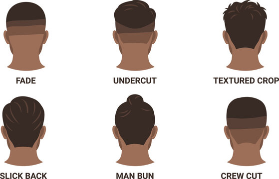 Back-view icon set of six labeled men&rsquo;s hairstyles including fade, undercut, crop, slick back, man bun, and crew cut