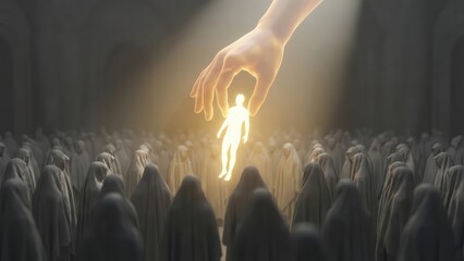 Hand Selecting Glowing Figure from Crowd. Ai generation