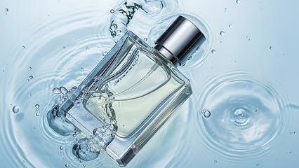Clear perfume bottle with silver cap splashing in water