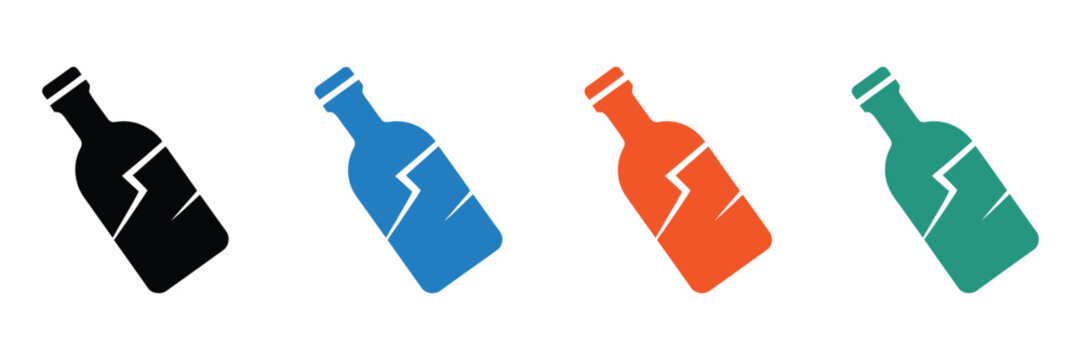 Broken glass bottle icon featuring colorful cracked bottles in four colors, isolated on white background, ideal for warning signs