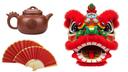 Chinese lion dance props and decorations on transparent background with teapot and fan