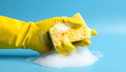 Hand in yellow glove holding sponge with soap bubbles on blue background