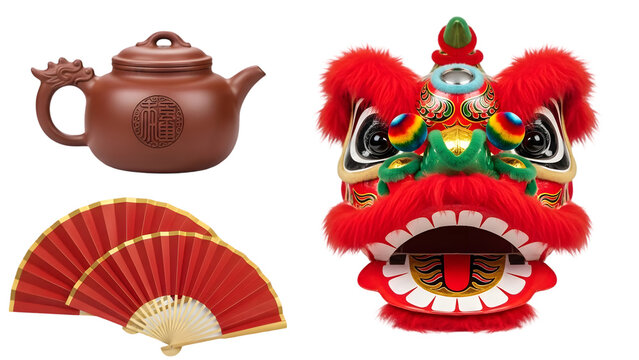 Chinese lion dance props and decorations on transparent background with teapot and fan