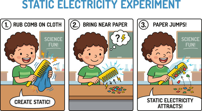 Cartoon comic static electricity experiment with comb, cloth, paper attraction, and science fun captions