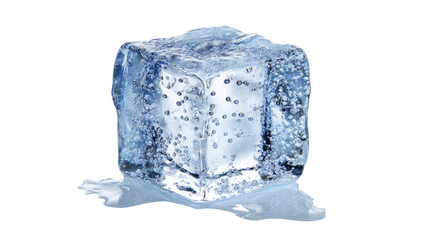 A collection of fresh frozen ice cubes and a melting transparent cube are isolated on white, showing clear liquid water drops and a cool blue reflection from the solid cold frost