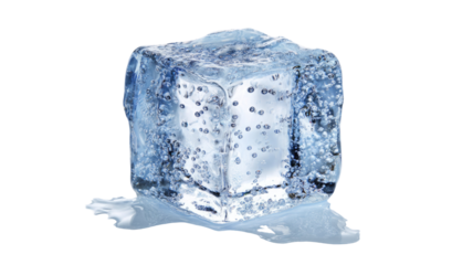 A collection of fresh frozen ice cubes and a melting transparent cube are isolated on white, showing clear liquid water drops and a cool blue reflection from the solid cold frost