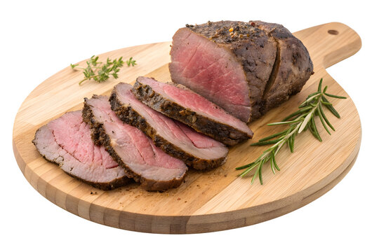 Sliced medium rare beef fillet on wooden cutting board isolated on a white or transparent background.