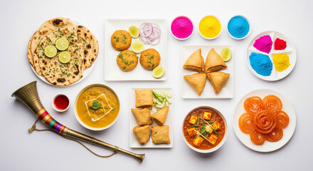 Happy Holy concept showing Indian assorted lunch food like chicken, paneer butter masala, naan, jeera rice, black chana fry, jalebi, fujiyama, thandai and Farsan with holi colours and ...