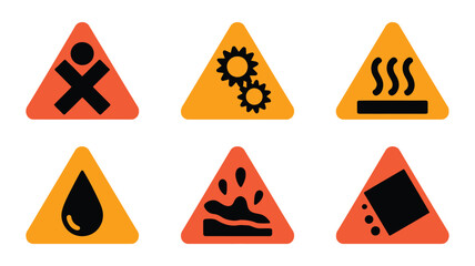Set of Six Orange Triangular Hazard Warning Safety Signs Icons
