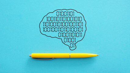 Artificial Intelligence Brain Concept - Binary Code in Brain Shape. Large Language Model and Machine Learning for AI Integration. Data Processing