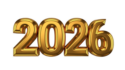 Golden 3D shiny numbers 2026 on white background, new year concept