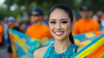 Smiling Hinugyaw Festival Dancer in Colorful Traditional Costume During Cultural Street Parade