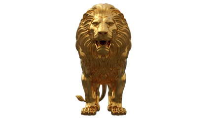 Golden lion statue with open mouth standing on transparent background looking fierce and powerful in a majestic pose