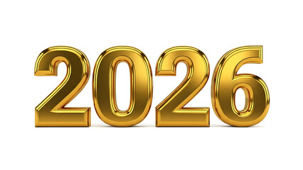 Golden 3D shiny numbers 2026 on white background, new year concept