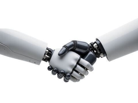 A person is shaking hands with a robot, a symbol of human-robot interaction
