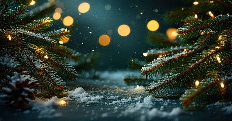 Winter scene. Evergreen branches frame snowy ground. Warm lights create festive, magical atmosphere. Bokeh effect adds depth.