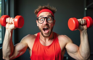 Funny nerd man with glasses and red headband exercises with small red dumbbells in gym. He makes faces while lifting weights for bodybuilding workout.