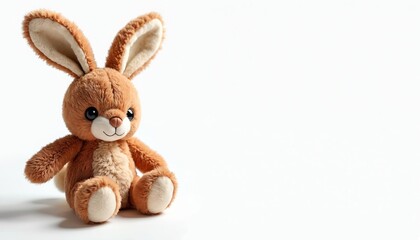 Obraz premium Brown plush bunny sits on white background. Soft toy has big eyes and long ears. Adorable stuffed animal for kids. Ideal for Easter or nursery themes. Comforting companion for children.