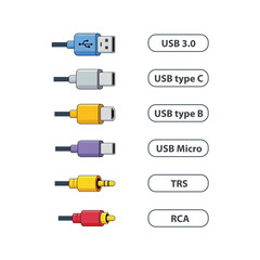 Illustrated set of common cable connectors including USB types and audio plugs, clearly labeled for easy identification and tech education.