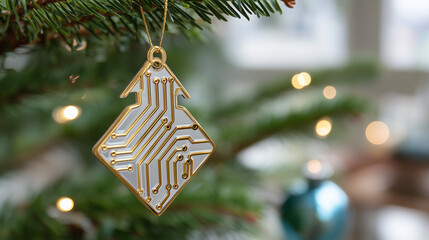 Circuit board ornament festive tech holiday decor, digital celebration design, technology theme, electronic decoration, with copy space