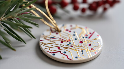 Circuit board ornament festive tech holiday decor, digital celebration design, technology theme, electronic decoration, with copy space