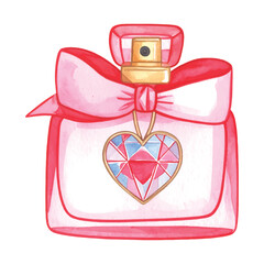 Watercolor pink perfume bottle with bow and heart gem pendant vector illutrastion transparent background