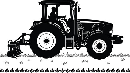 Agricultural tractor silhouette illustration working on farmland, farming machinery and rural agriculture concept, minimalist black vector artwork isolated.Web