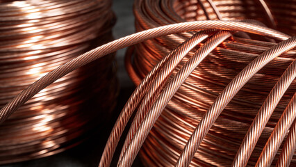 Close-up of High-Quality Copper Wire Coils &ndash; Concept for Industrial Power Cables, Electrical Engineering, and Raw Material Commodity Market