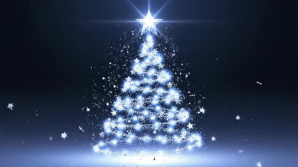 Abstract Christmas tree formed by glowing blue particles and snowflakes. Shooting stars rain down on a festive winter background. Magical holiday celebration animation with bright star topper - Powered by Adobe