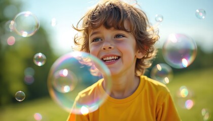 Fototapeta premium Young boy laughing while blowing iridescent soap bubbles on a sunny day. He plays outdoors in green grass with blue sky. Childhood fun, carefree happiness.