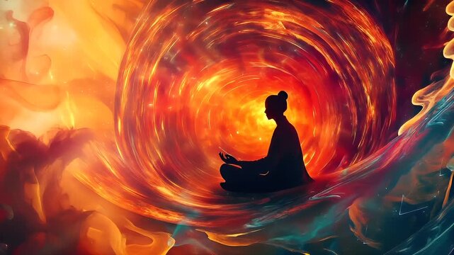 Fitness. Exercise. New Year resolution. Healthy lifestyle theme. A vivid digital artwork portraying a serene figure in a meditative pose amidst a swirling vortex of fiery hues.