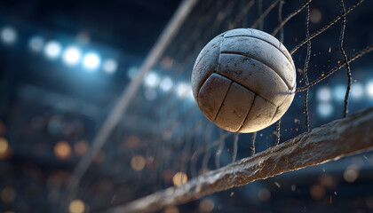 Close-up and bottom view of a white leather volleyball ball as it flies over the volleyball net viewed from below in a volleyball arena during an indoor match. Generative Ai.
