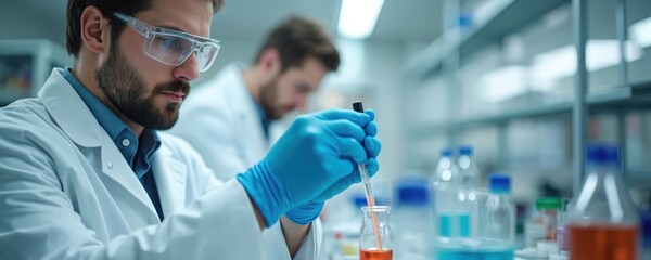 Scientist in lab coat blue gloves pipettes orange liquid into glass vial. Another researcher works behind him. Focus on analysis discovery. Health care development.