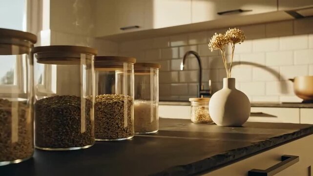 Sunlit Pantry Glass Jars With Foodstuffs In Modern Kitchen, Natural Light And Minimalist Design