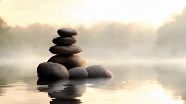 Fitness. Exercise. New Year resolution. Healthy lifestyle theme. A tranquil scene featuring a stack of pebbles balanced on waters edge, with a misty, serene backdrop.