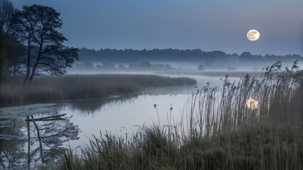 A moonlit wetland with tall reeds, soft fog, and subtle reflections on still water