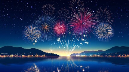Fototapeta premium Colorful fireworks display over a calm lake at night with stars