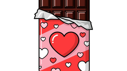 Cartoon chocolate bar with heart-themed wrapper on white background