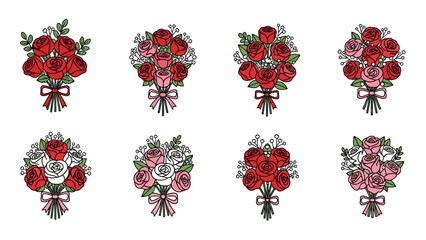 Collection of Eight Floral Bouquets with Red and Pink Roses