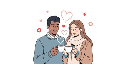 Happy couple enjoying coffee together with hearts illustration