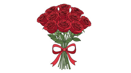 Elegant bouquet of red roses tied with a ribbon on white background