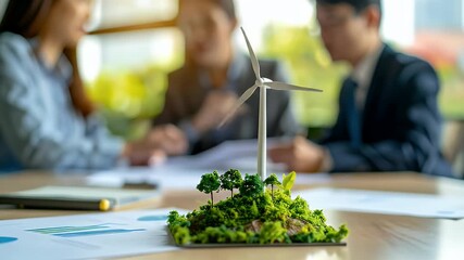 Business meeting discussing renewable energy solutions with wind turbine model. - Powered by Adobe