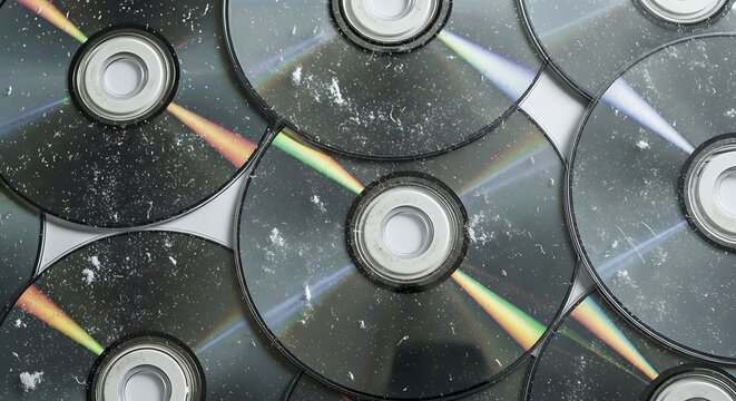 Close-up of a collection of old compact discs.