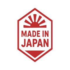 Made in Japan badge illustration. Japan quality label with rising sun icon. Minimal red Japan product stamp design.