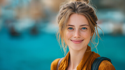 Joyful Travel Portrait of a Carefree Young Woman by the Sea | Natural Beauty and Vacation Vibes in Warm Summer Colors