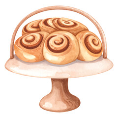 Cinnamon Rolls in a Basket on a Cake Stand Watercolor Keywords: vector illutrastion transparent background