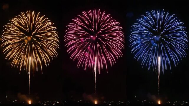 Spectacular triple fireworks display at night 4k video