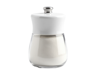 A small white salt shaker sits on top of a transparent glass container