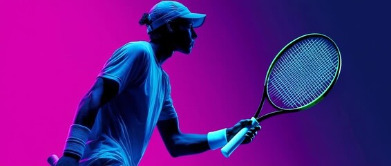 Neon hybrid illumination in a Padel athlete-ready attitude. The idea of landing page divisions and product pages for sports brands - Powered by Adobe