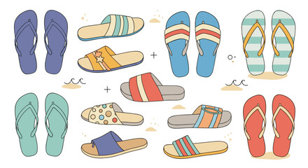 Large variety of colorful summer flip-flops and sandals in different patterns including stripes and polka dots icons set.